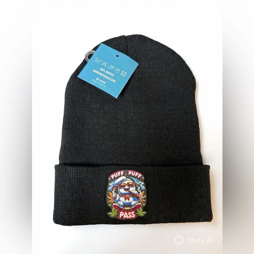 Black Knit Beanie with Puff Puff Pass Weed Marshmallow Man